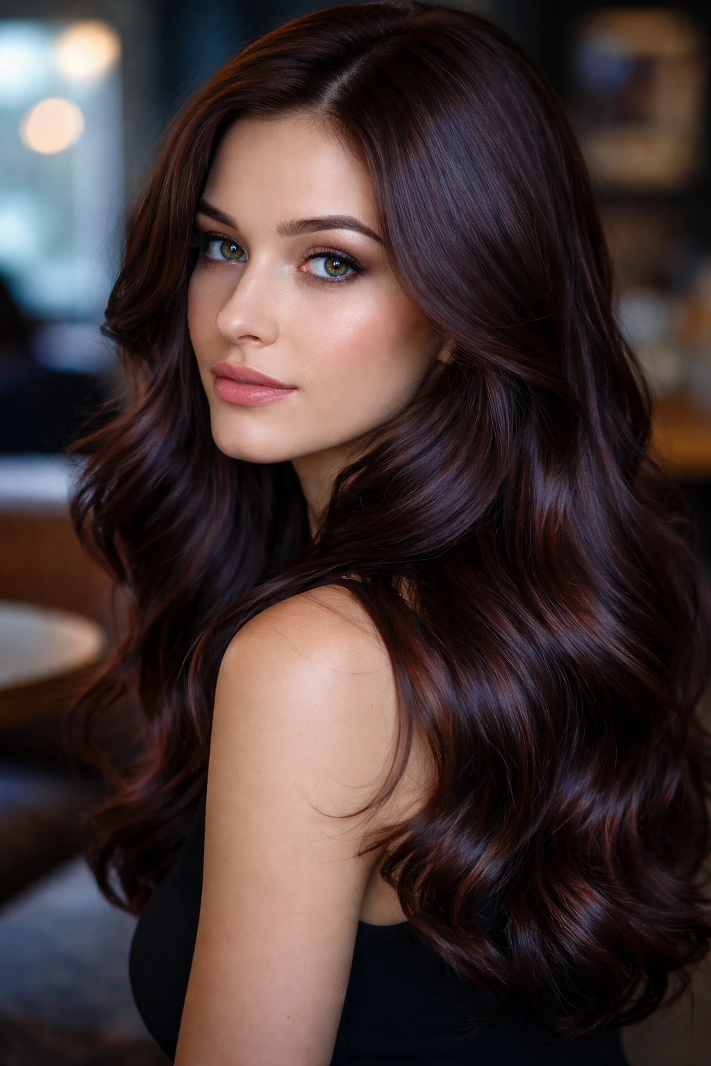 Close-up portrait of a real woman with Cherry Cola Chestnut color