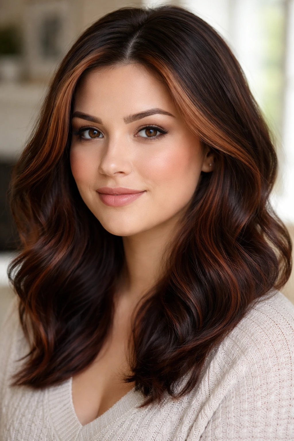 Close-up portrait of a real woman with cherry-cola face contouring around jaw and temples, soft window light
