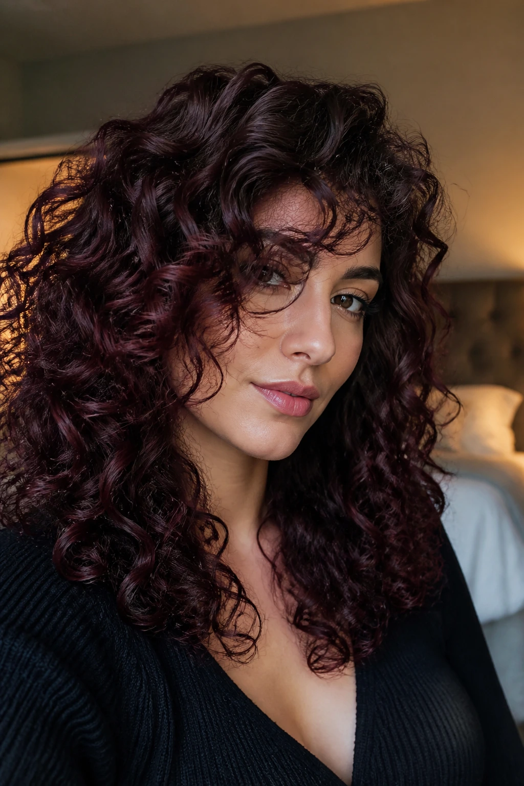 Close-up of a real woman with brunette base and cherry-violet curls catching light