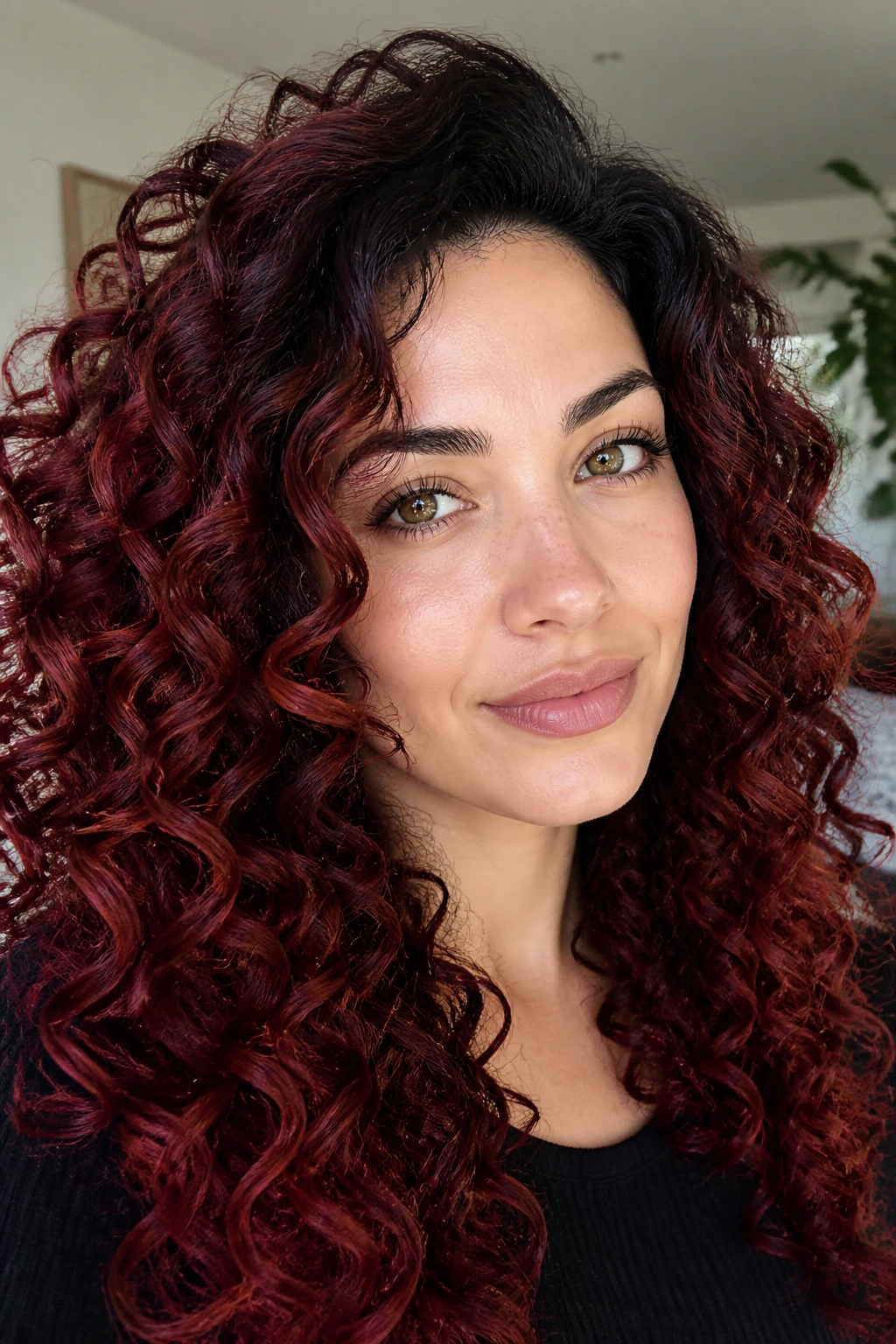 Close-up of cherry cola curls with dark roots
