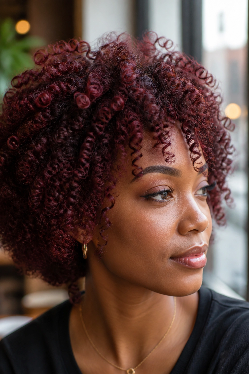 Close-up of a real Black woman with cherry cola curls in daylight