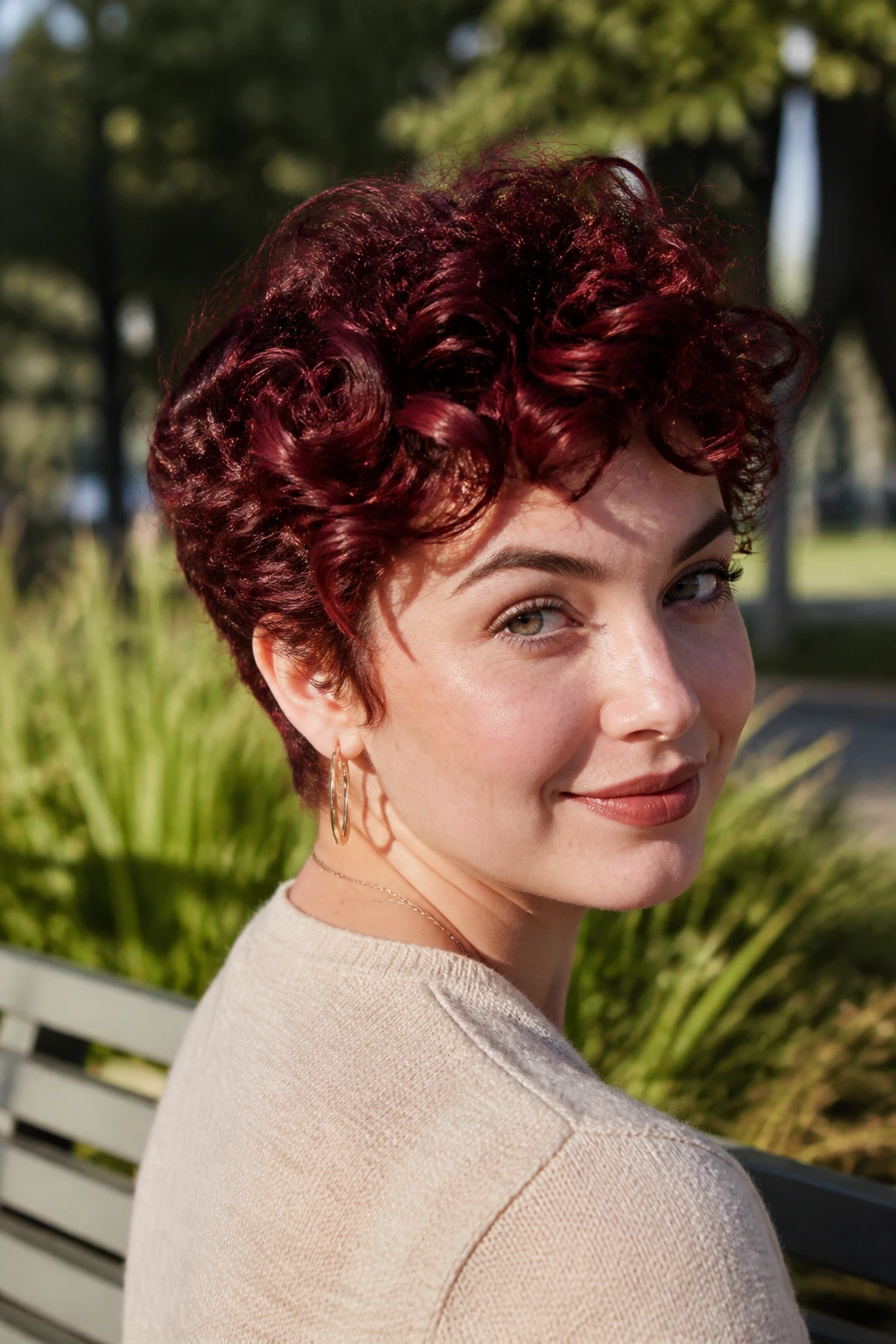 Close-up portrait of a real woman with natural curly crop in cherry cola red