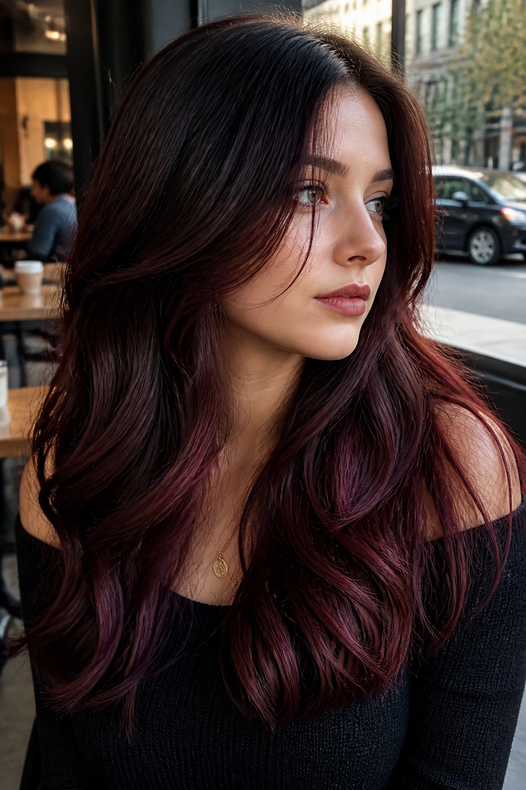 Close-up of a real woman with cherry cola dimension hair in a cafe setting