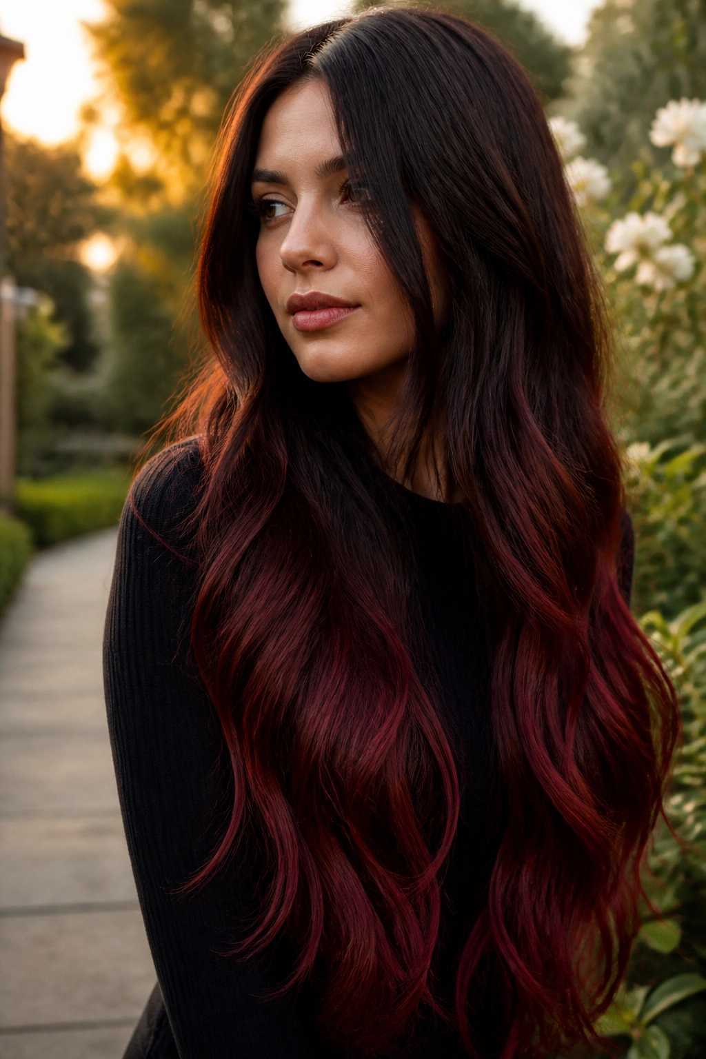 Portrait of a real woman with waist-length waves and cherry cola ends.