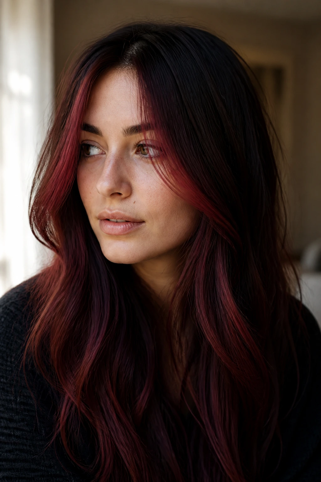 Close-up of a real woman with face-framing cherry-cola burgundy pieces around the cheeks.