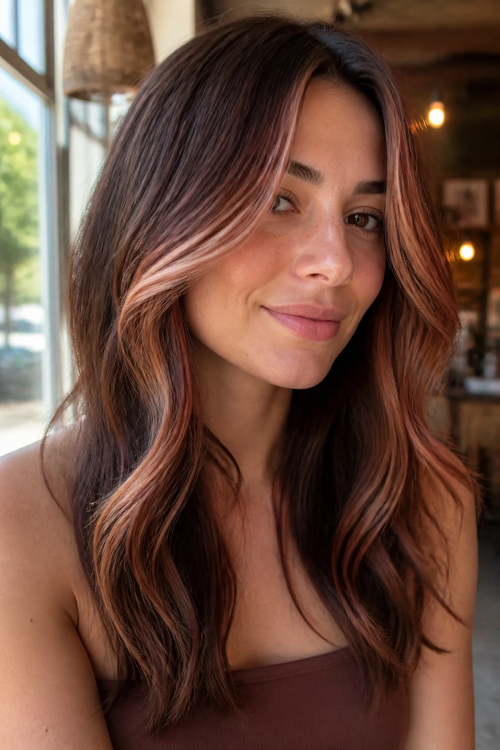 Close-up portrait of a woman with face-framing light pieces in cherry cola tones