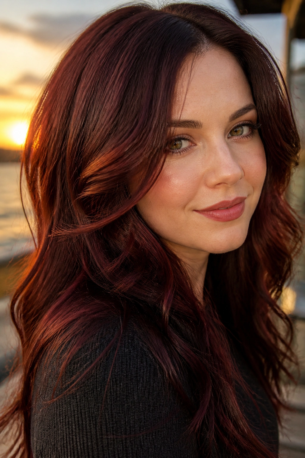 Close-up portrait of a real person with cherry cola ginger hair in golden-hour light