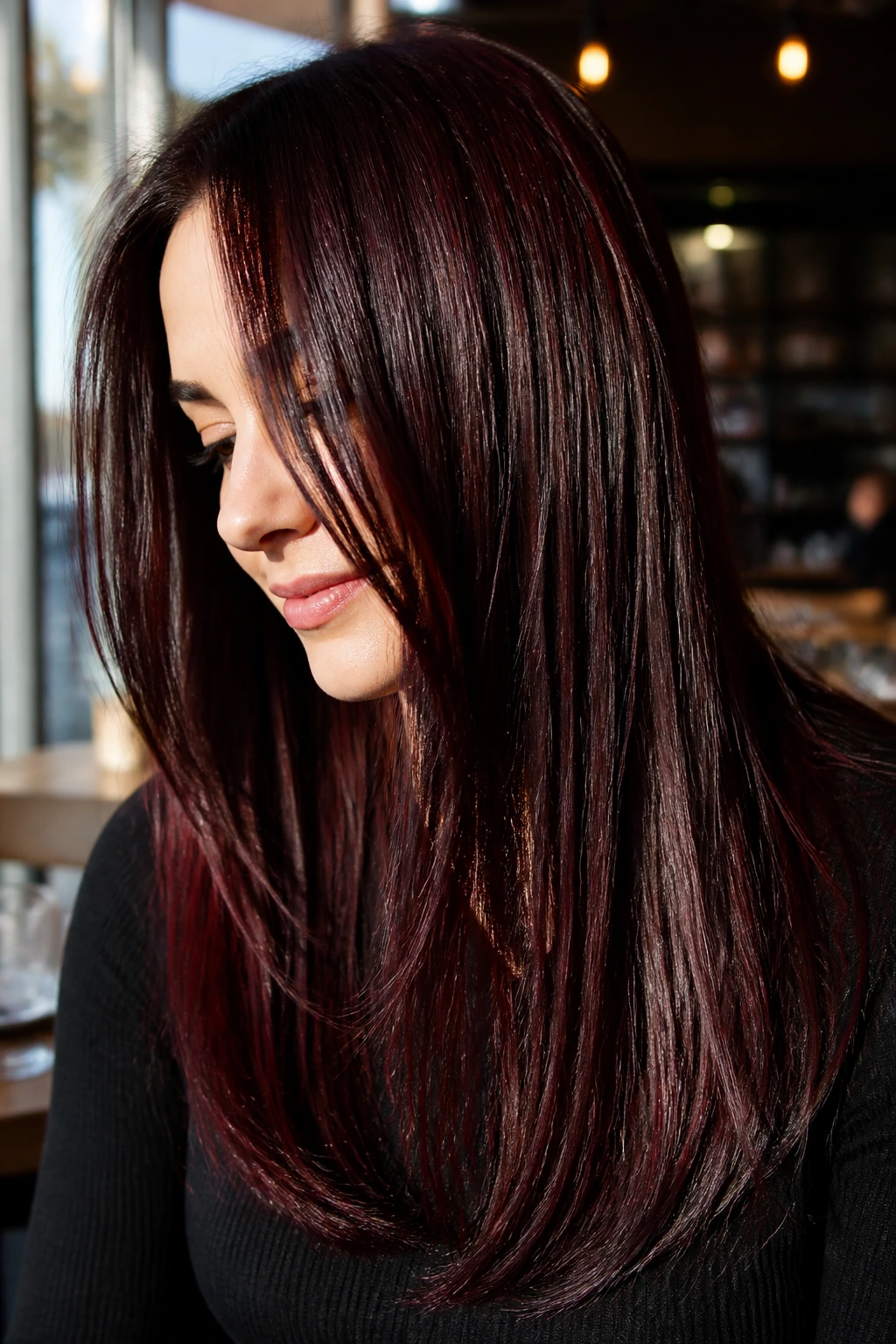 Close-up of real woman with Cherry Cola hair color on straight hair in warm cafe light