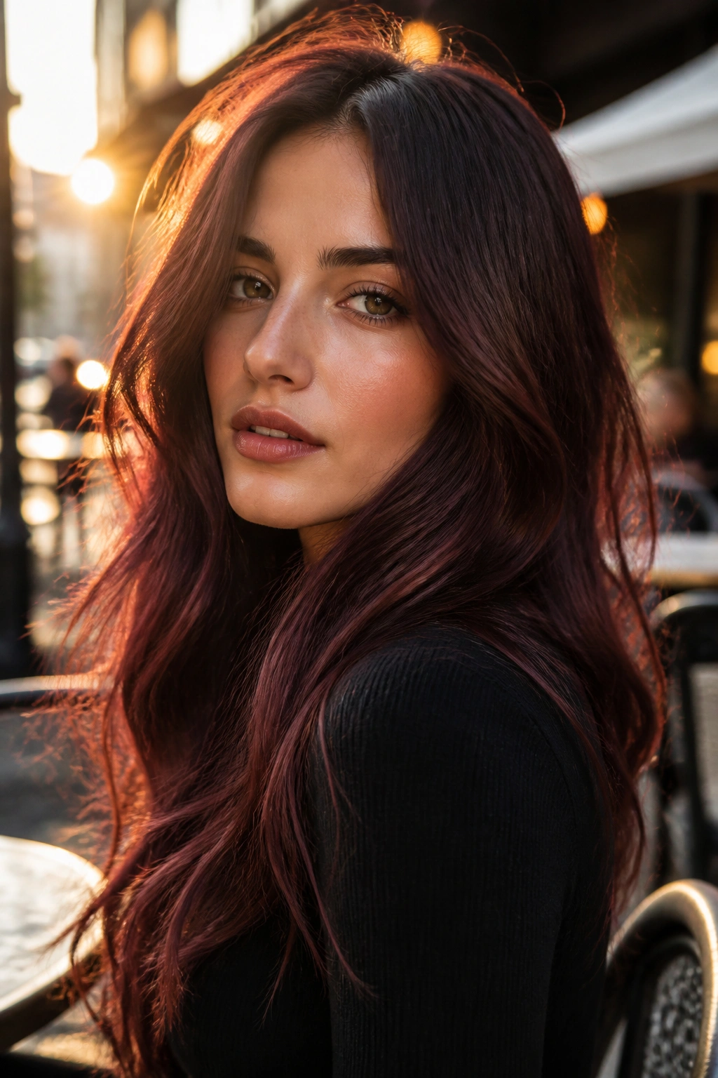 Close-up of a real person with cherry cola hair color