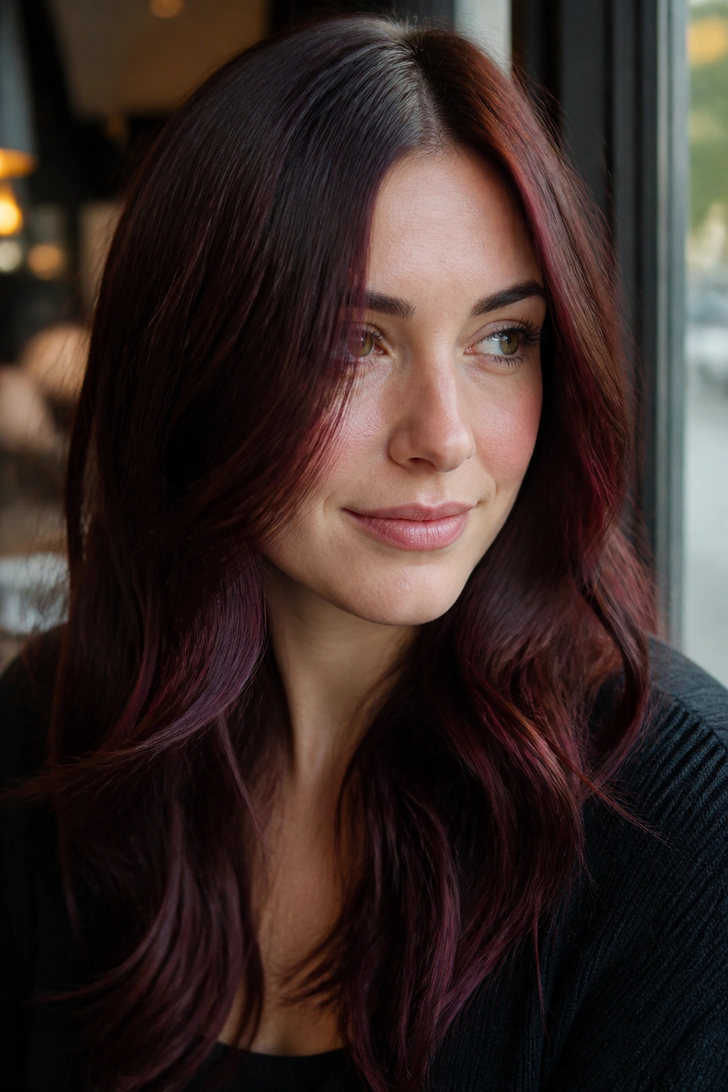 Close-up of a real person with cherry cola hair over cool brown base in daylight