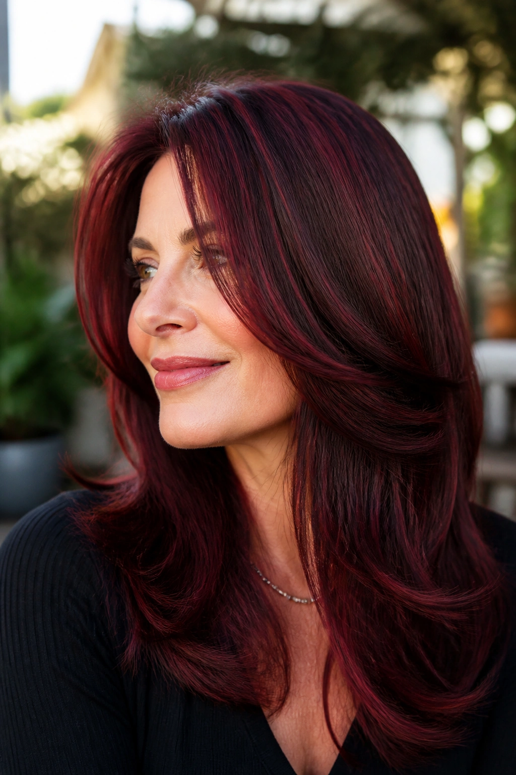 Cherry cola colored layered hair in soft sunlight