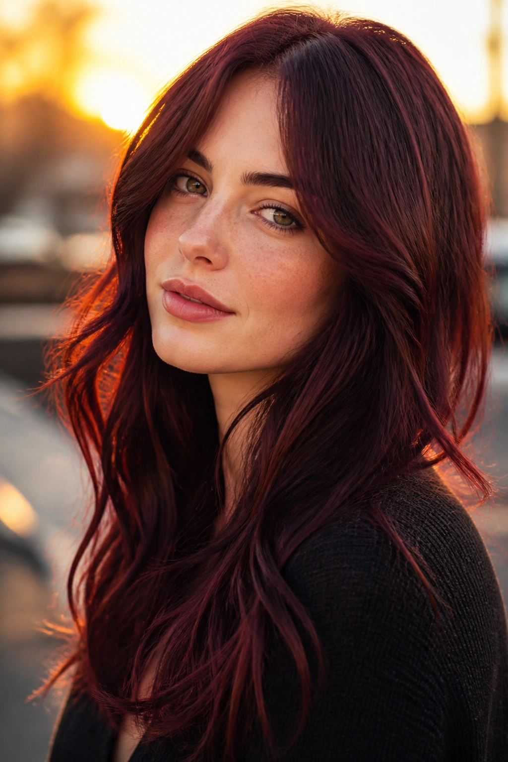 Close-up portrait of a real woman with cherry cola hair during golden hour outdoors.