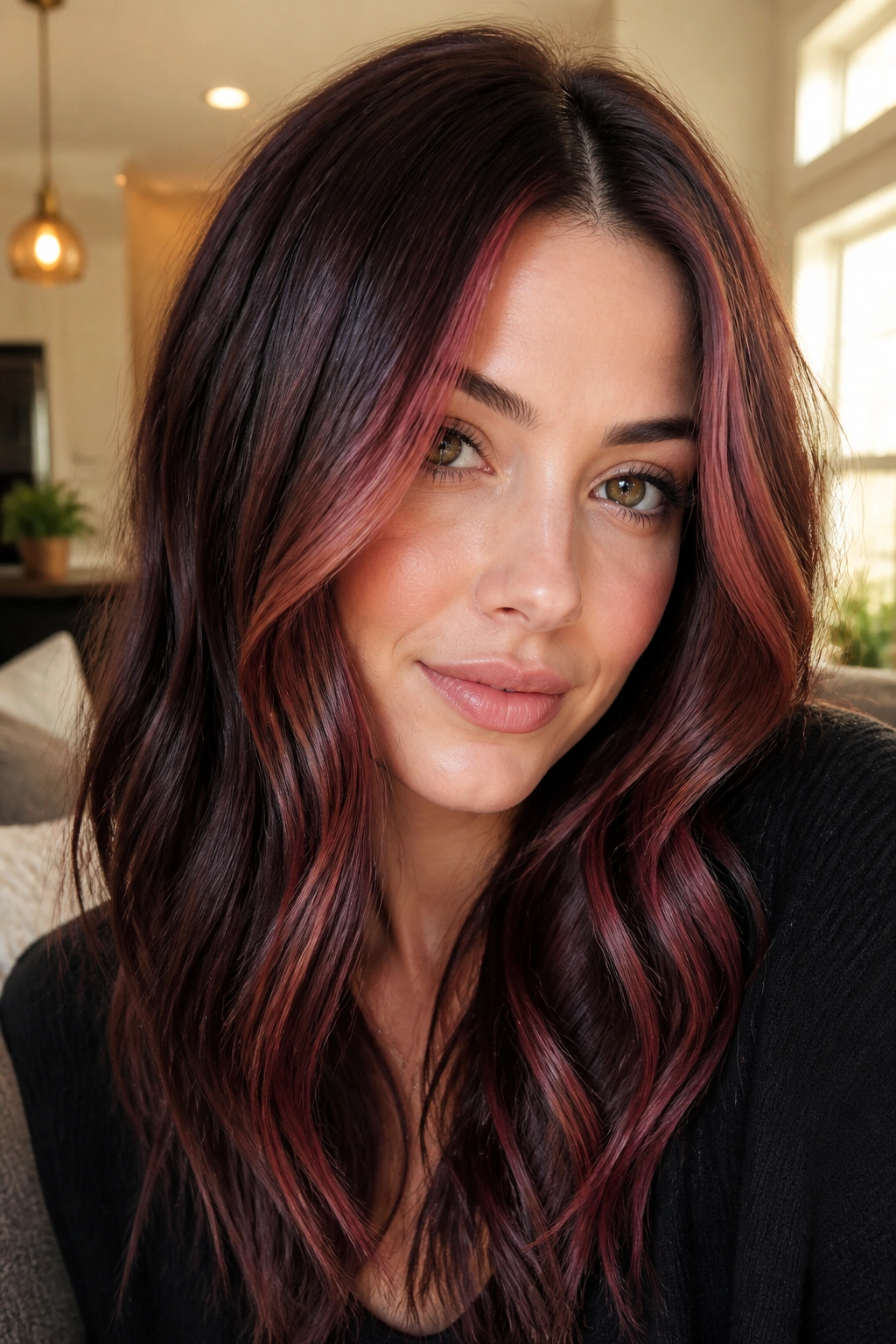 Face-framing cherry cola highlights around brunette hair