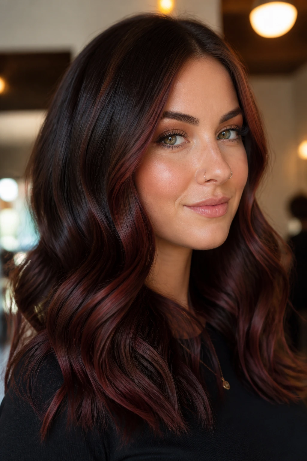 Chocolate brown hair with cherry cola highlights in warm light