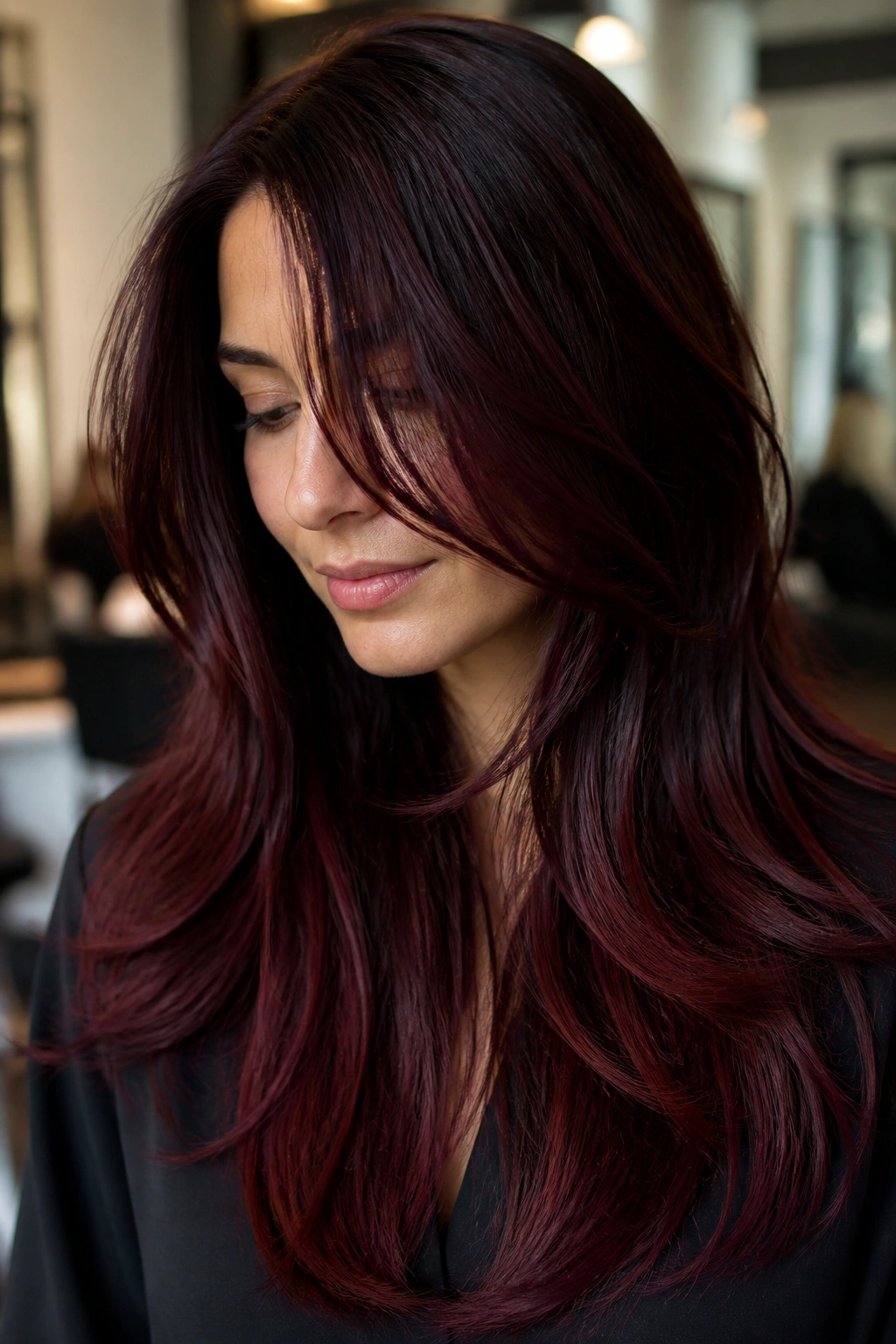 Portrait of a woman with layered cherry cola hair showing dark brunette base with cherry-red lowlights