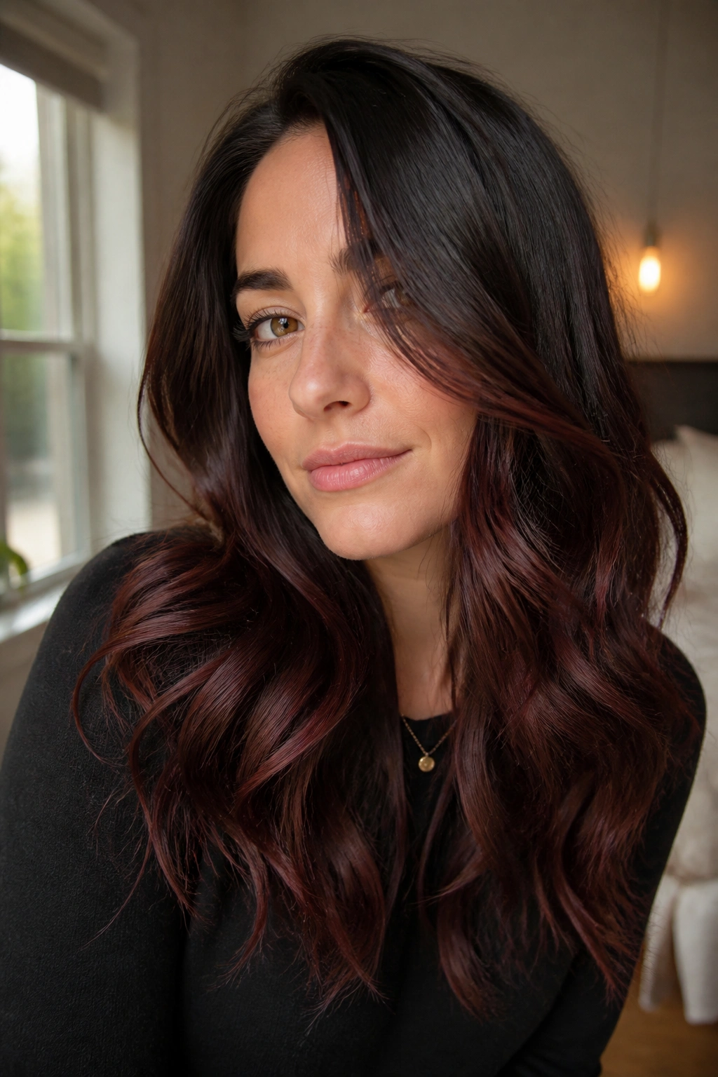 Close-up of brunette with cherry cola lowlights weaving through midlengths