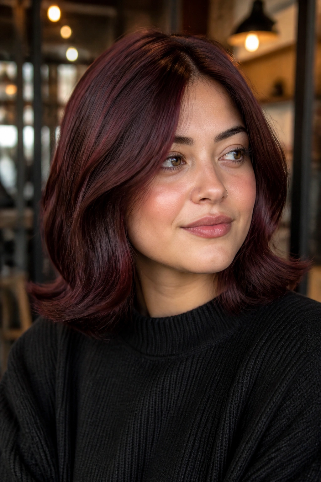 Real woman with cherry cola midi cut and flipped ends in cafe lighting