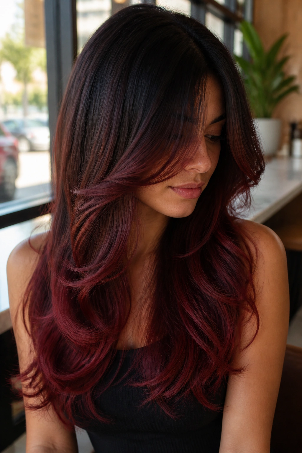 Close-up of a real woman with cherry cola ombre and soft layers.