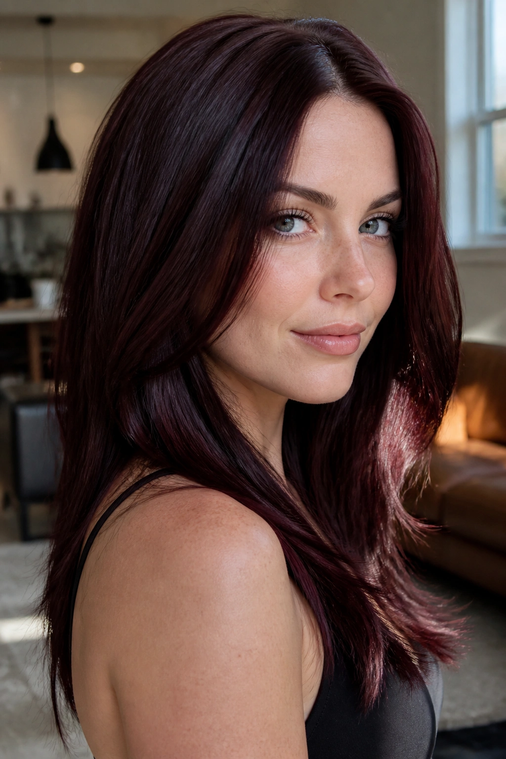 Close-up portrait of a woman with cherry cola red brunette hair under natural window light