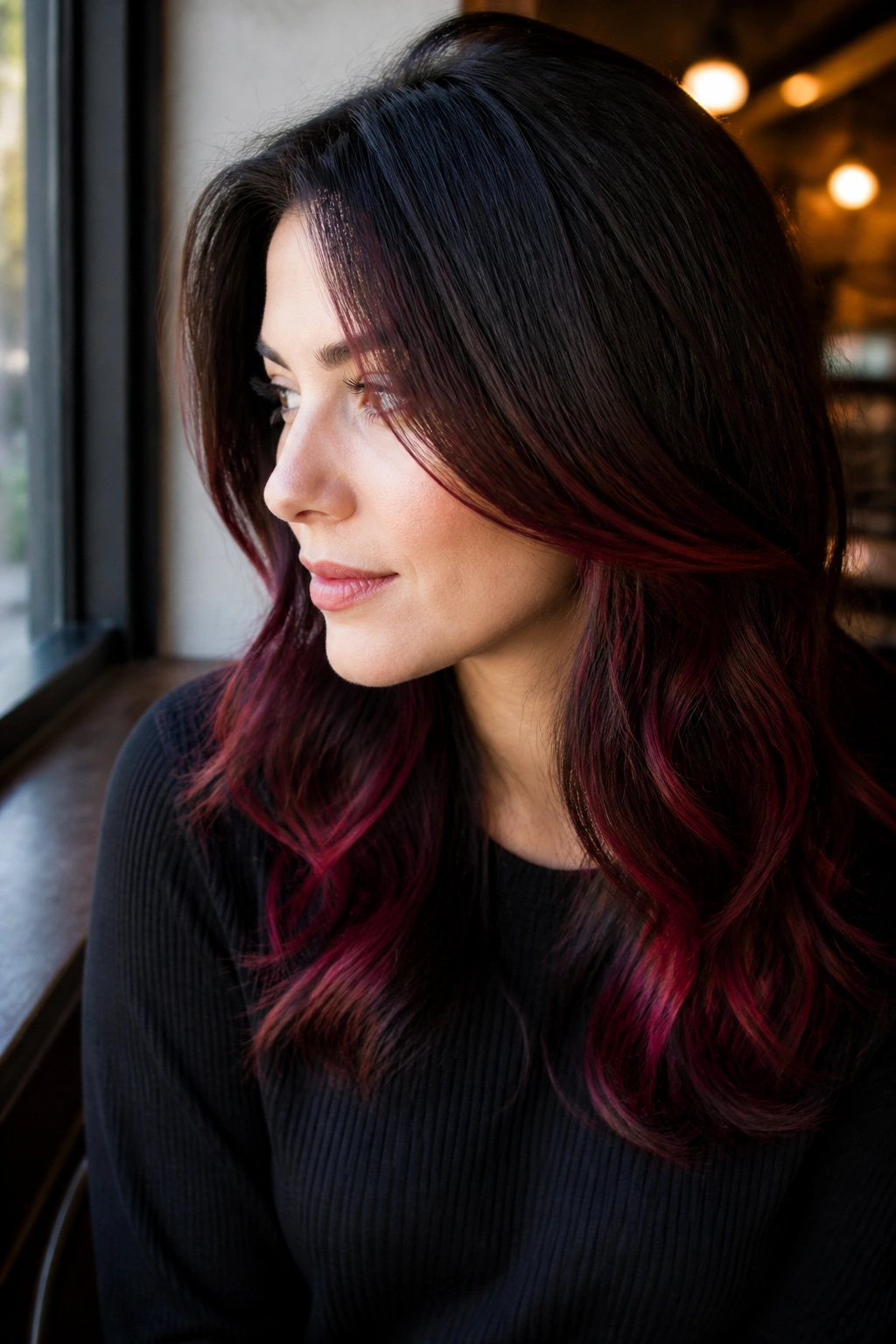Close-up portrait of a real person with Cherry Cola Ribbons hair featuring brunette-to-black base and cherry-red ribbons.