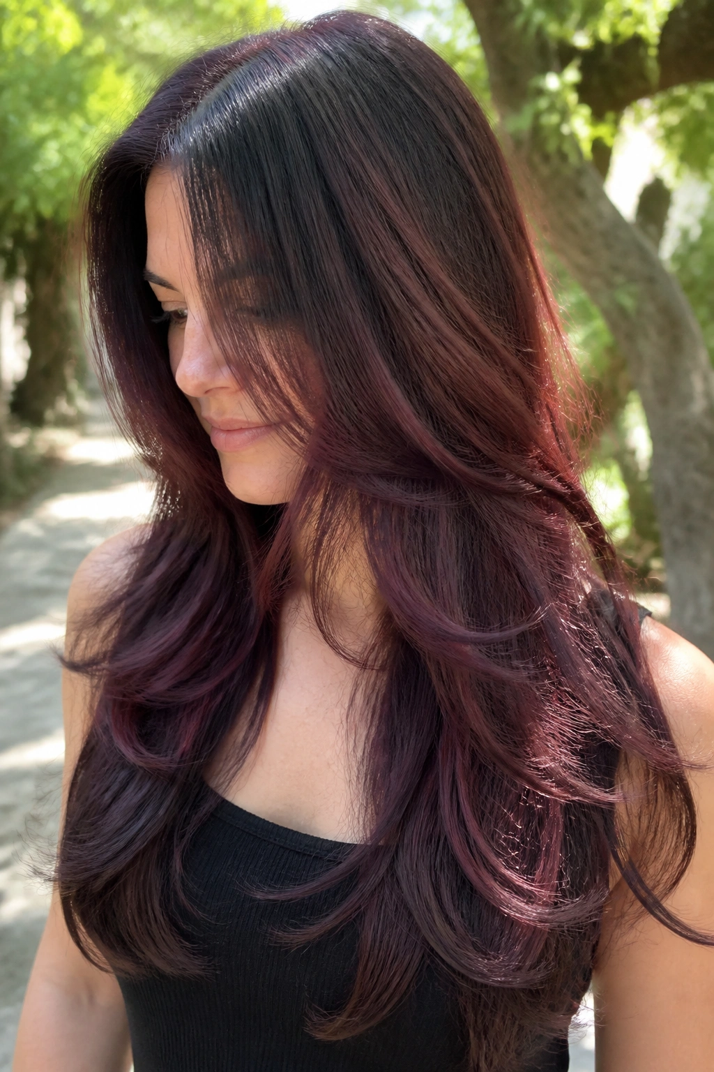 Woman with long layered hair featuring cherry cola ribbons on cool skin tone