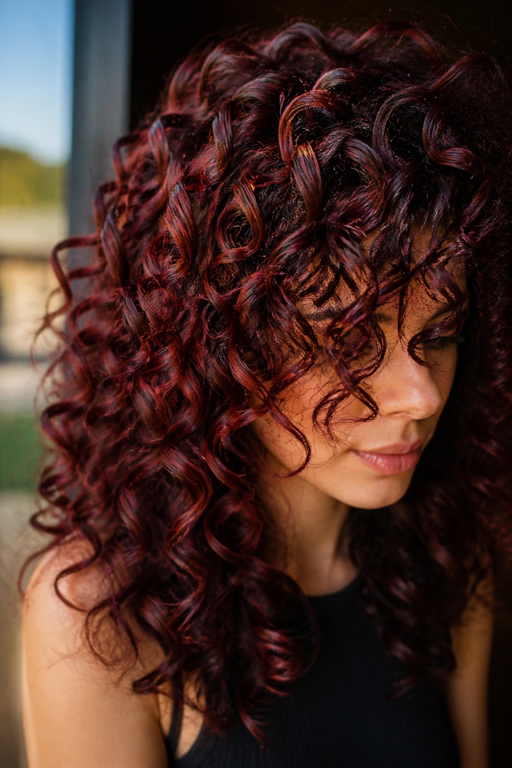 Close-up of brunette curls with cherry cola ringlets and cherry red gloss.