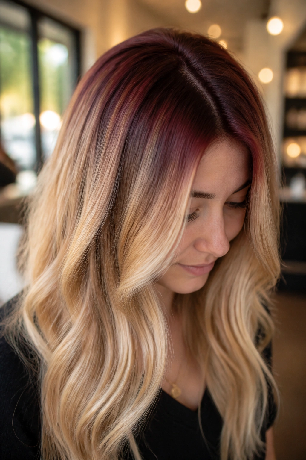 Close-up of a real person showing cherry cola shadow root blending into blonde hair