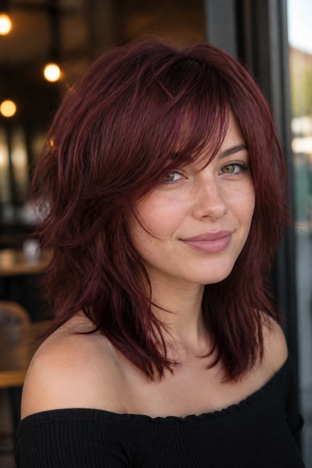 Portrait of cherry cola red shag with airy side fringe on a real woman