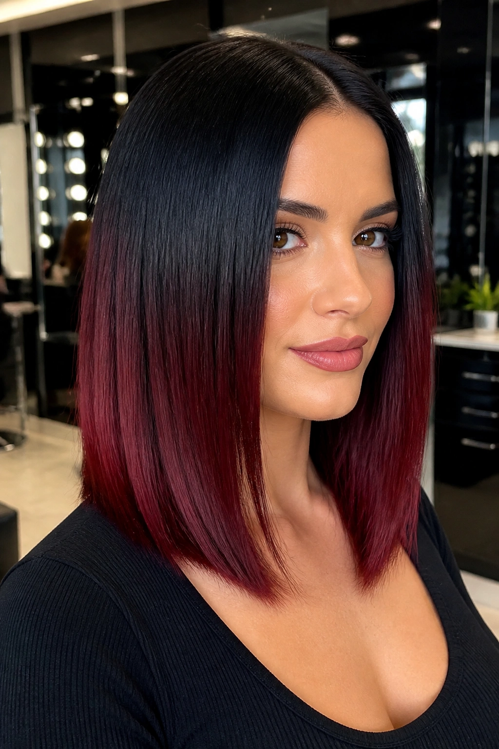 Close-up of a real woman with sleek mid-length cherry cola hair.