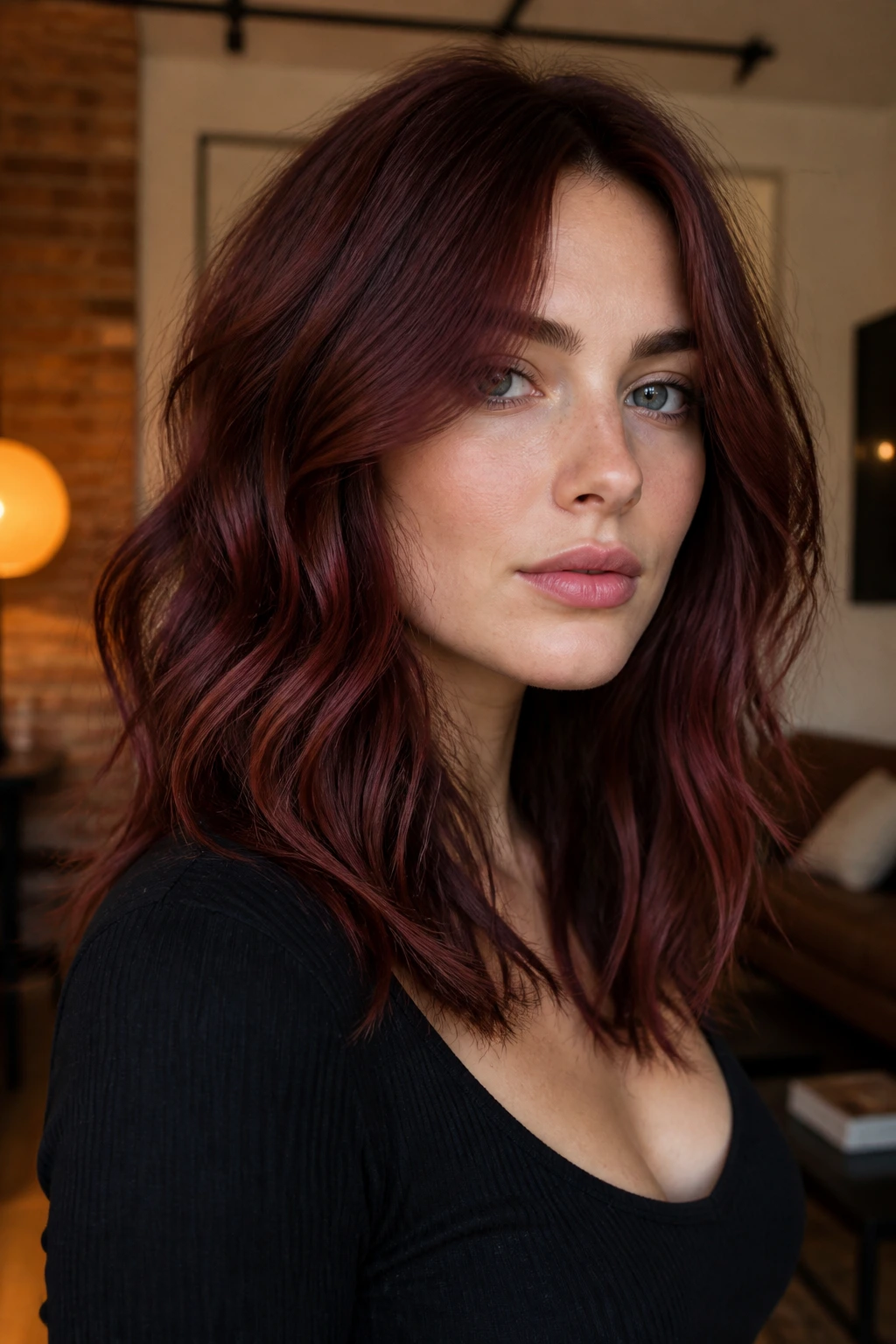 Close-up portrait of person with dark red-brown base hair and berry lift.