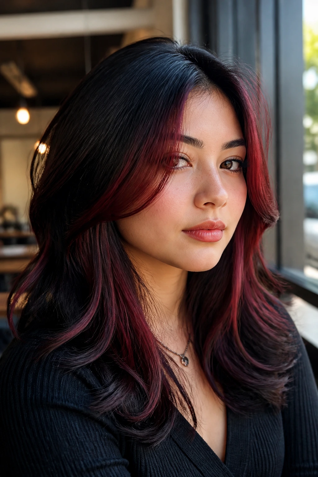 Close-up of a real person with cherry cola face-framing streaks for a round face.