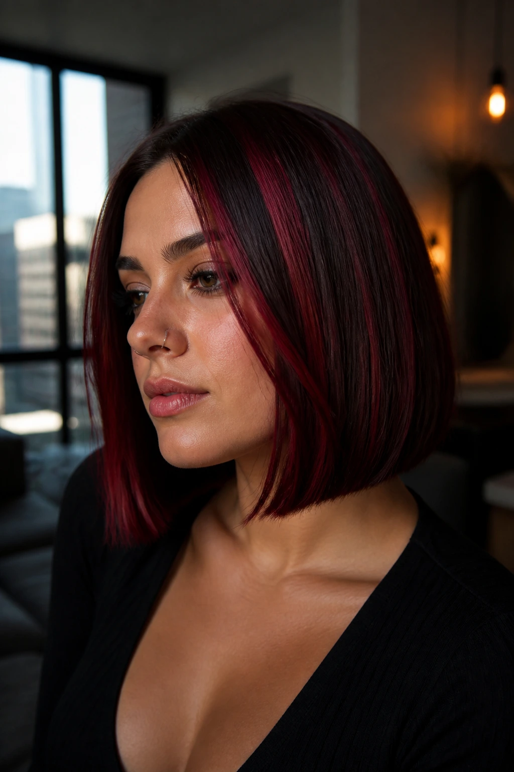 Close-up portrait of a real woman with dark brown base and cherry cola highlights in a blunt bob