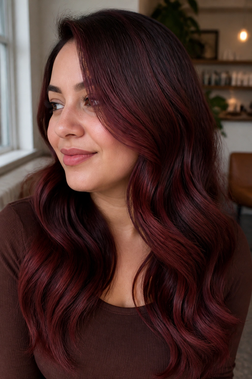 Close-up of a real woman with cherry cola hair in loose waves and a side part