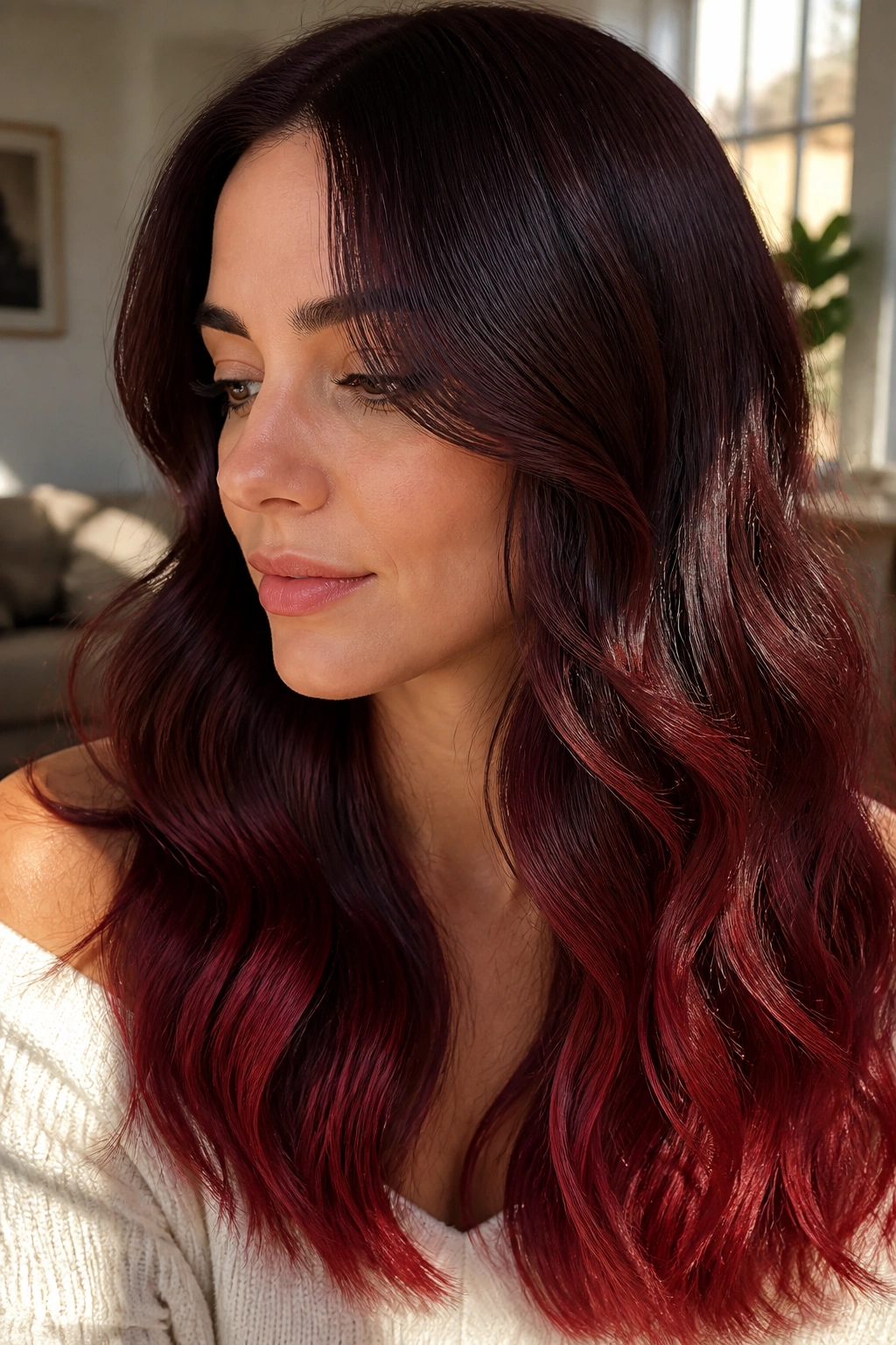 Portrait of real woman with cherry cola waves on long mid-length hair