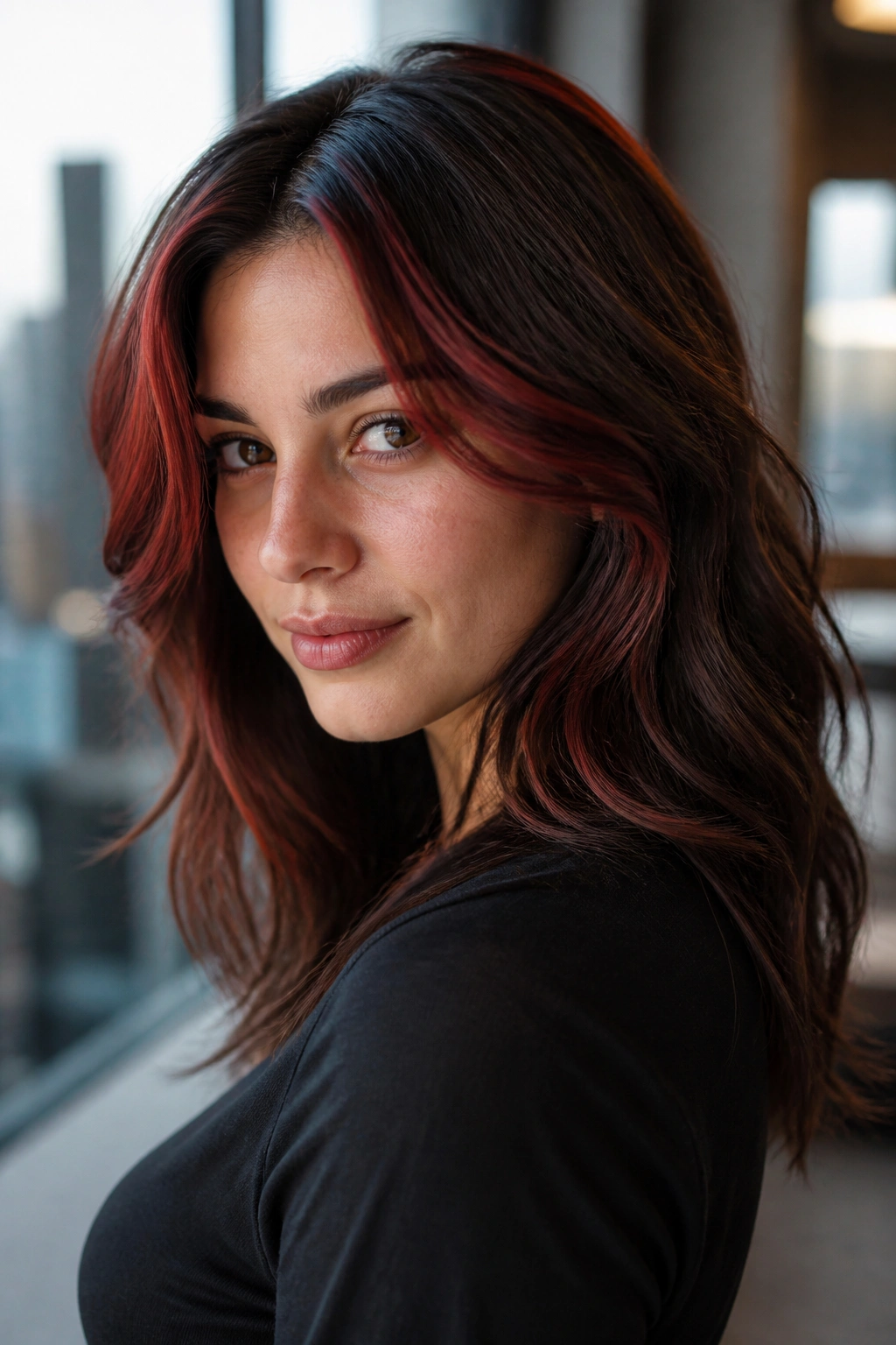 Close-up of a real woman with cherry copper accent pieces at the front and crown on layered hair.