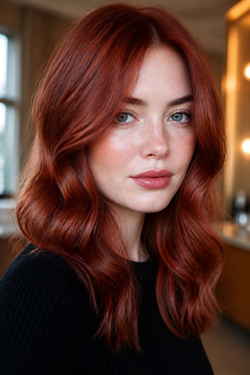 Portrait of a woman with cherry copper gloss hair and cool skin tone