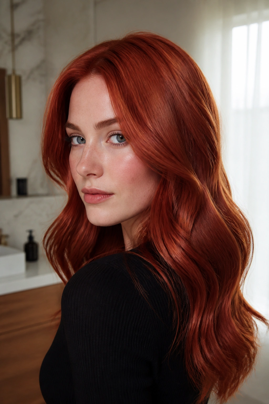 Close-up portrait of a real woman with glossy cherry copper hair in bright daylight