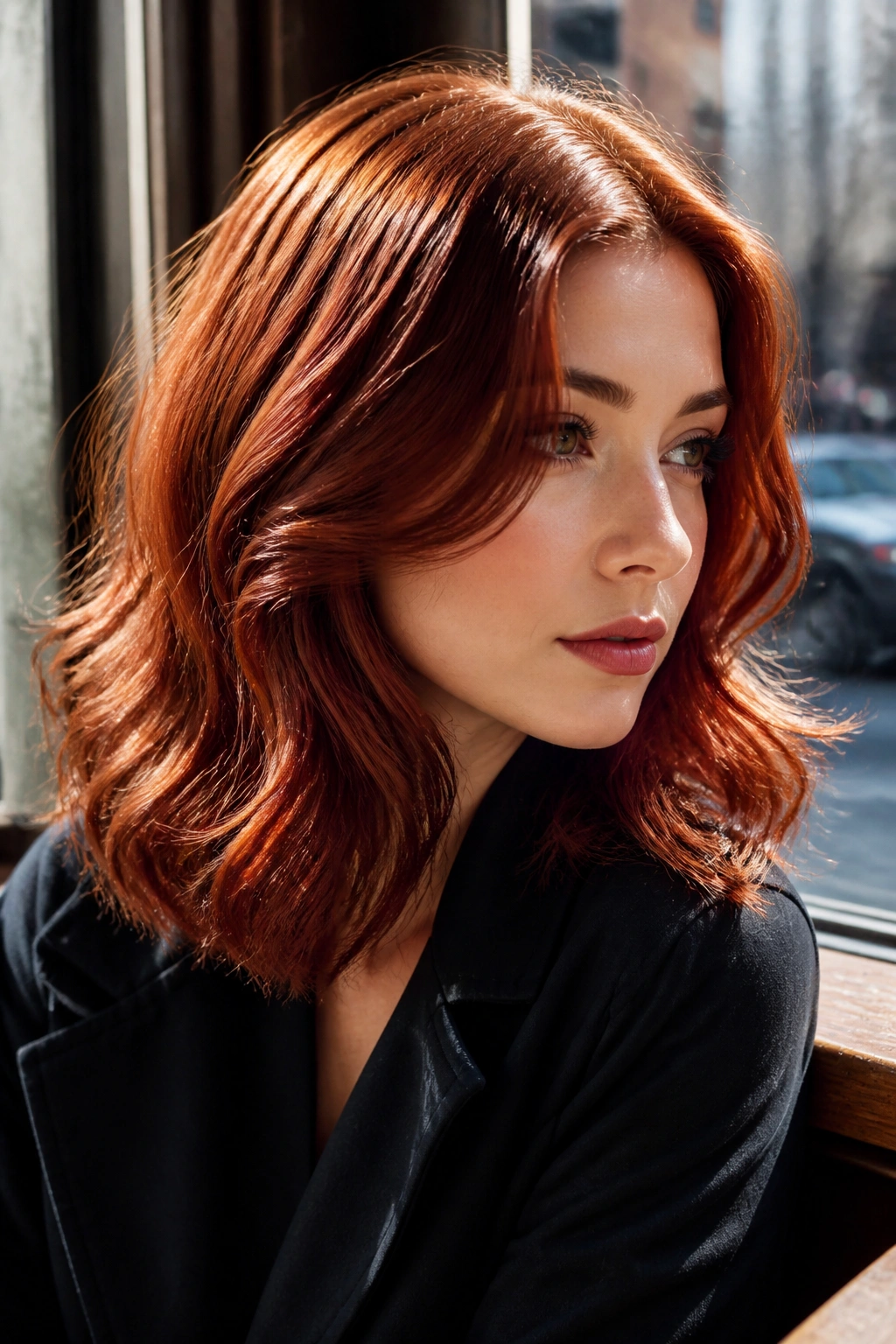Close-up of a real woman with Cherry-Copper Mahogany Gloss hair
