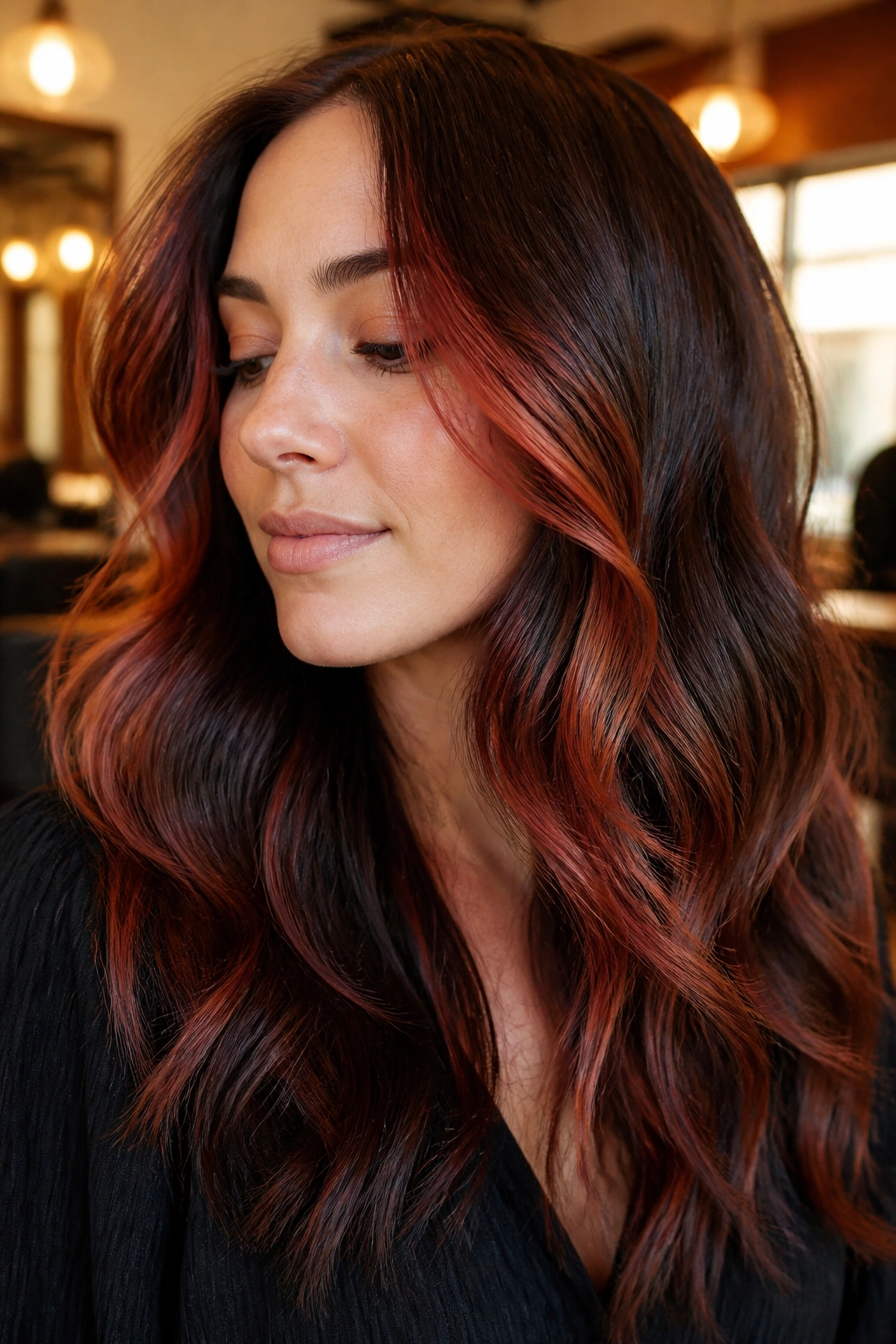 Close-up of face-framing cherry copper highlights on brunette hair