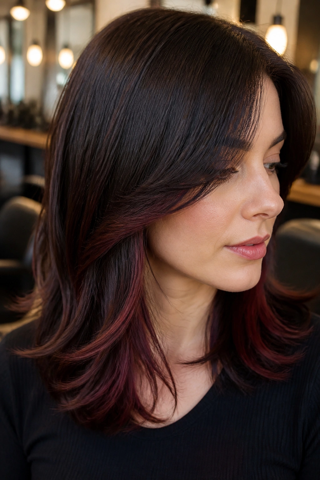 Portrait of a woman showing espresso brown hair with cherry peekaboo panels through layers