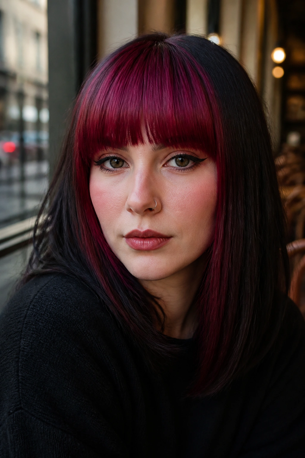 Close-up of a real woman with cherry fringe and dark base hair