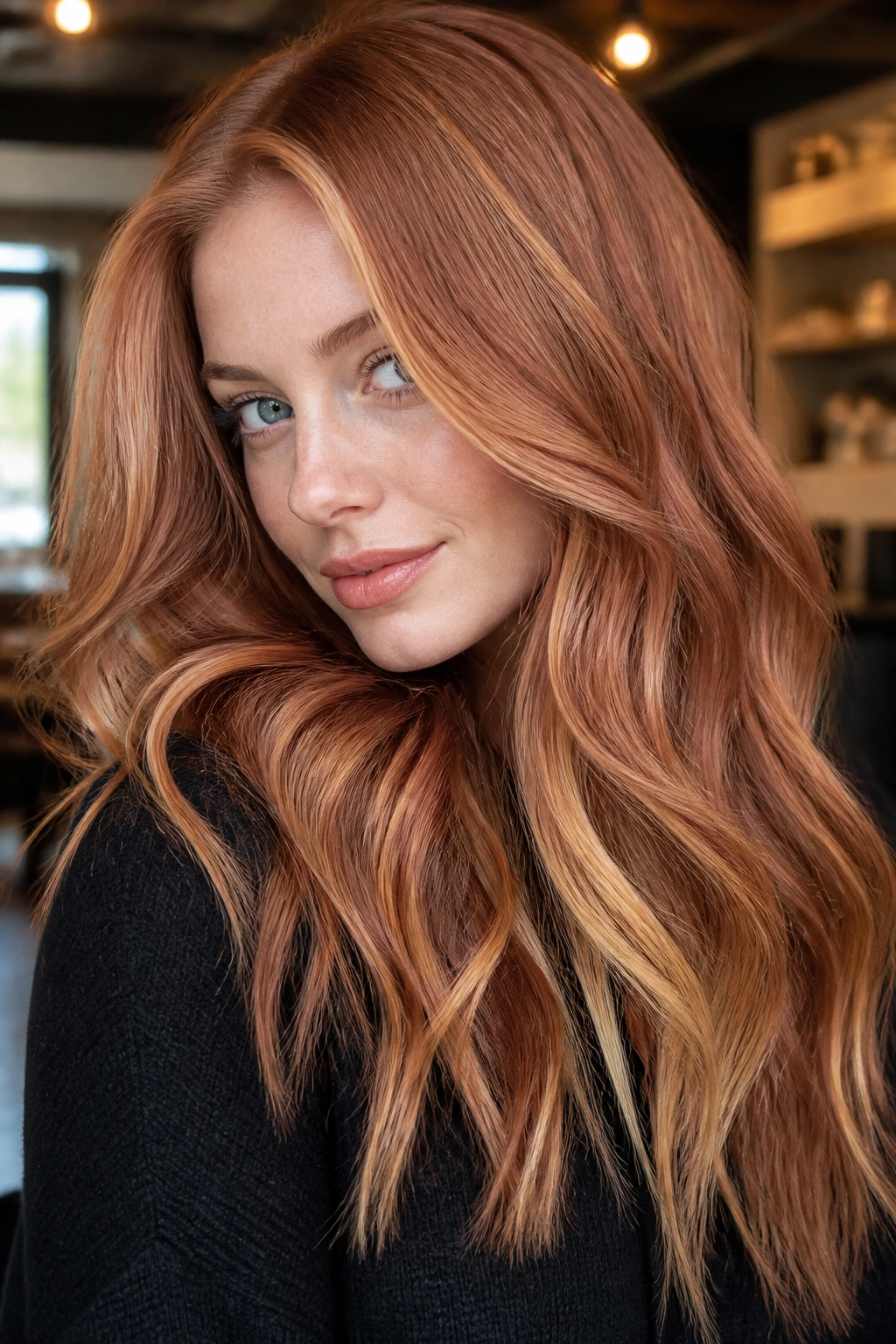 Close-up portrait of a woman with cherry-glazed strawberry blonde hair under warm indoor light