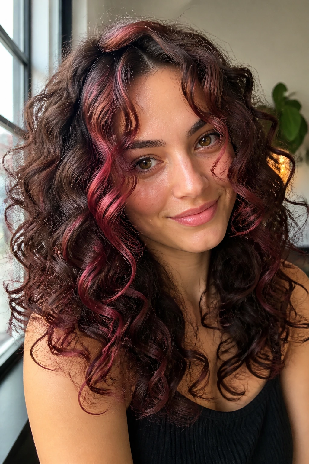 Close-up portrait of a real person with waves and curls featuring cherry highlights on brown hair