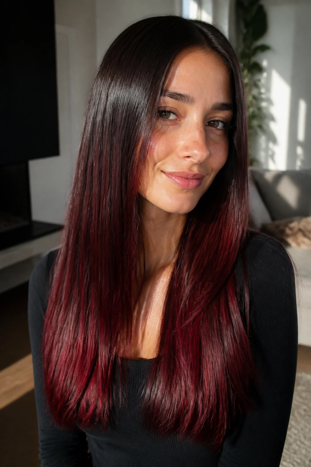 Close-up of long straight hair with cherry jam ends on a real person.