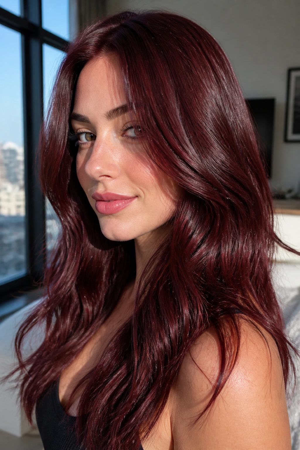 Real woman with cherry-kissed mahogany hair in glossy waves
