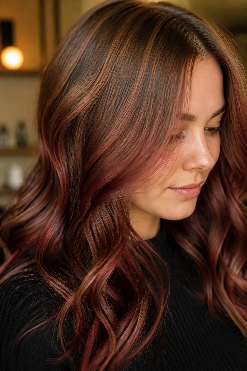 Close-up of a real person showing light brown hair with cherry lowlights