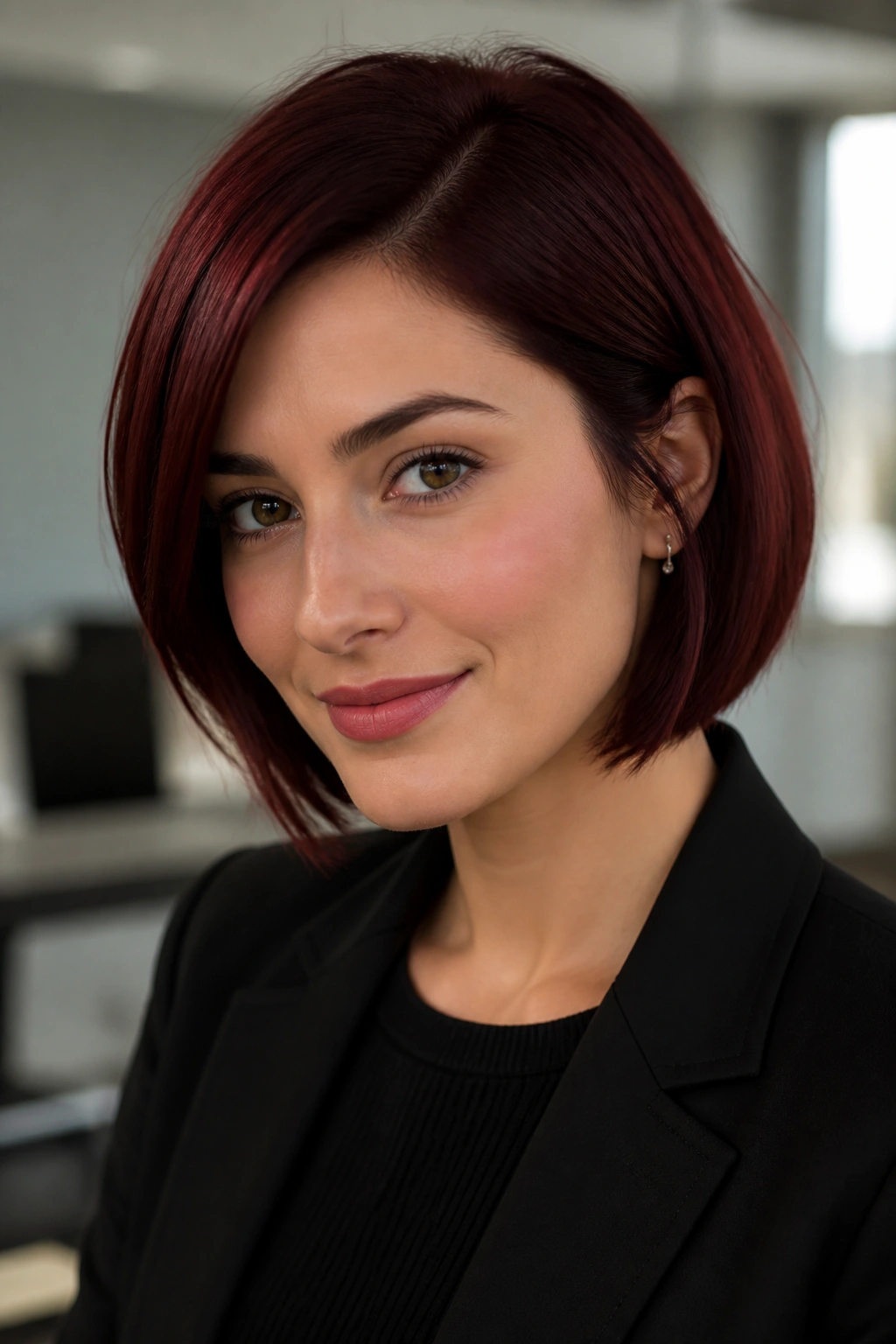 Close-up portrait of a real person with Cherry Mahogany Bob haircut and cherry-brown shine
