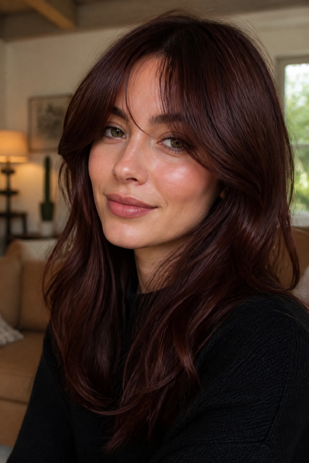 Portrait of a woman with cherry mahogany curtain bangs framing her face.