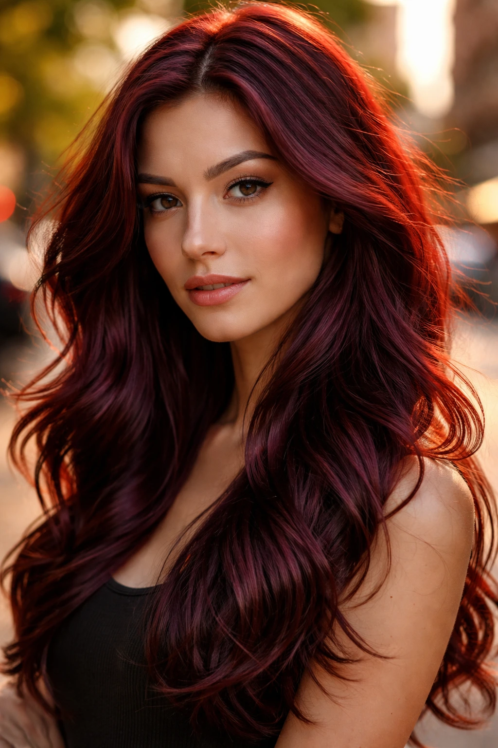 Close-up of a real woman with cherry-tinted mahogany hair reflecting violet undertones.
