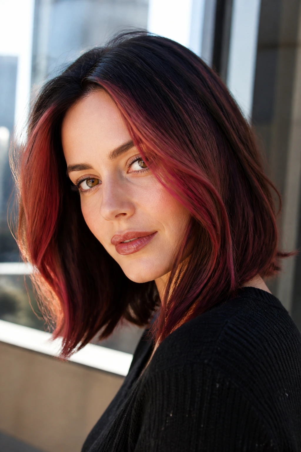Real woman with cherry mahogany face-framing pieces in a lob hairstyle